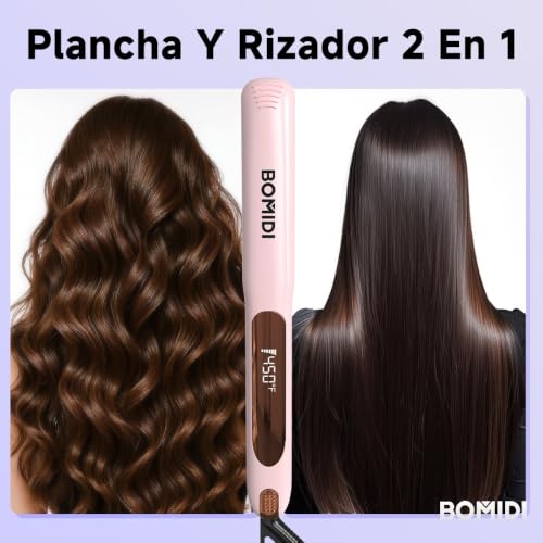 Plancha Para Cabello Profesional, BOMIDI Planchas 2 en 1 Alisado Y Rizador 130-230℃ Preciso Calentamiento Rápido Con Pantalla LCD Digital, Iones Negativos Doble Voltaje Adecuado Para Viajar
