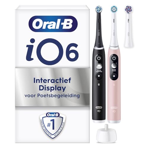 Oral-B iO Elektrische Zahnbürsten, 2 Stück, Schwarz und Rosa, Griffe mit schwarzem und weißem Display, Bluetooth, 3 Aufsteckbürsten
