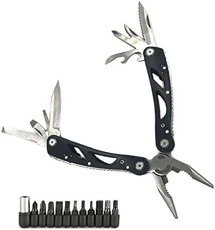 12-in-1 Multi Purpose Plier, Stainless Steel Multi Function Tool, Portable Folding Outdoor Camping Survival Sport Pocket Tools Set with Knife, Cable Cutter, Needle Nose Pliers, Screwdriver (Black)
