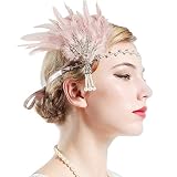 BABEYOND Art Deco 1920's Flapper Great Gatsby Inspired Leaf Medallion Pearl Headband Feather (Silver and Pink Feather)