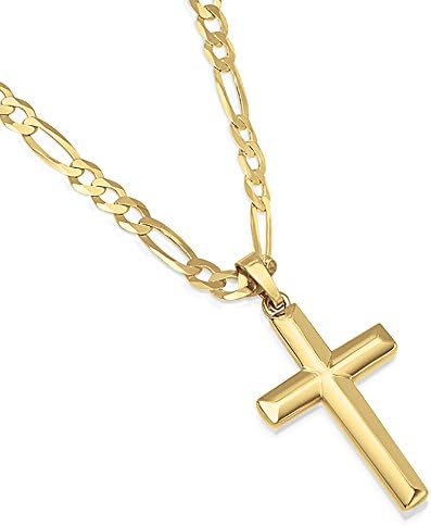 14K Gold Plated Sterling Silver Cross Pendant Italian Made Figaro Chain Necklace - Choice of Sizes