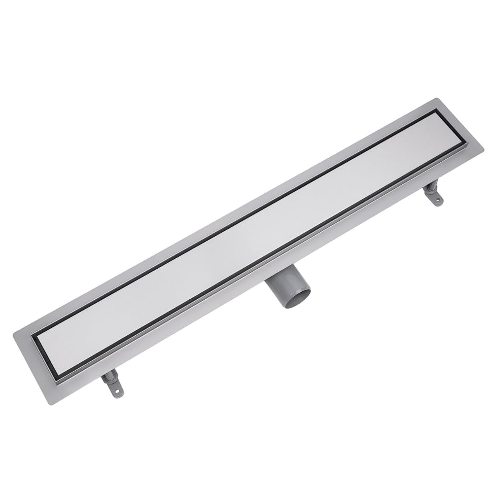 VOGI Shower Drain Stainless Steel Complete Set Duo Tiled Cover or Brushed Stainless Steel Hair Strainer Gutter with Siphon Mounting Feet Includes Sealing Cuff Double Chamber Floor Drain Length 50 cm