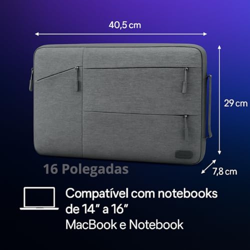 Case Capa Bolsa Pasta Para Notebook 12, 13, 14, 15 e 16 Polegadas Impermeável C/Alça Interior Aveludado Compatível MacBook Dell Lenovo Asus HP Ideal Trabalho Estudo Viagem (15 a 16 Polegadas)
