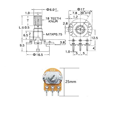 DaFuRui 21Pcs[7 Values x 3pcs] B5K B10K B20K B50K B100K B250K B500K Ohm 3 Terminals Knurled Shaft Linear Rotary Taper Potentiometer with Black Knob Kit - Thumbnail 4