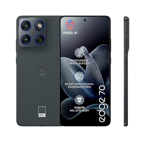 Motorola Edge 70 Smartphone (Robustes 6,67"-pOLED-Display mit Gorilla Glass 7i, 50-MP-Kamera, 12-512 GB, Wasser- und hitzebeständig, 68W-TurboPower-Aufladen), Pantone Gadget Gray, inkl. Magnetcover