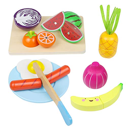 yoptote Wooden Fruit Food Cut Toy Cutting Role Play Set Kid Food Educational Toys Kitchen Accessories Best Present for 3 4 5 Years Old Children
