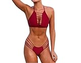 WorkTd Women's Deep V Neck Halter Top Bottom Bikini Sets Swimsuit Bathing Suit
