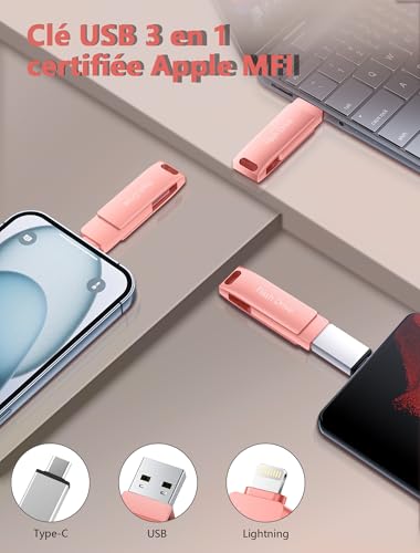 Lncnnk 512GB USB 3.0 Flash Drive MFi Certified, USB Flash Drive Lightning Photo Stick Memory Extension External Storage Drive USB C Flash Drive Backup for iPhone/iPad/Android/Mac/PC, Pink
