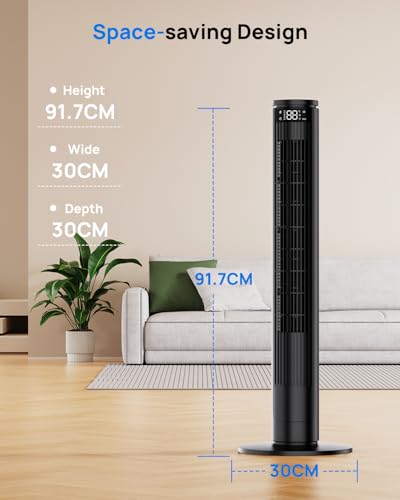 Tower Fan 92 cm with Adjustable LED Screen (Total Off) and Remote Control with Mute Button, Silent Column Fans 28dB, 6 Speeds+5 Modes, Oscillation 70°, 8 m/s, Timer 12h