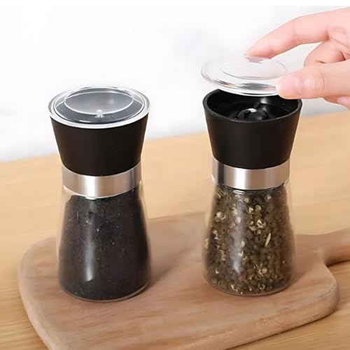 Kit 2 Moedor Triturador Giratório de Sal Pimenta Premium em Vidro Aço Inoxidável para Grãos Condimentos Secos Temperos Saleiro Pimenteiro de Mesa Ideal Cozinha Restaurante Hamburgueria