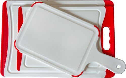 CC Boards 3-Piece Nonslip Cutting Board Set with Paddle: Red and white plastic carving boards for your kitchen with juice groove and nonskid handle; dishwasher safe