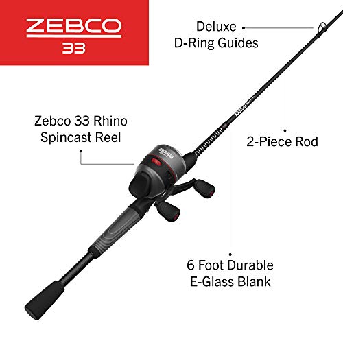 Zebco 33 Rhino Tough Spincast Reel and 2Piece Fishing Rod Combo