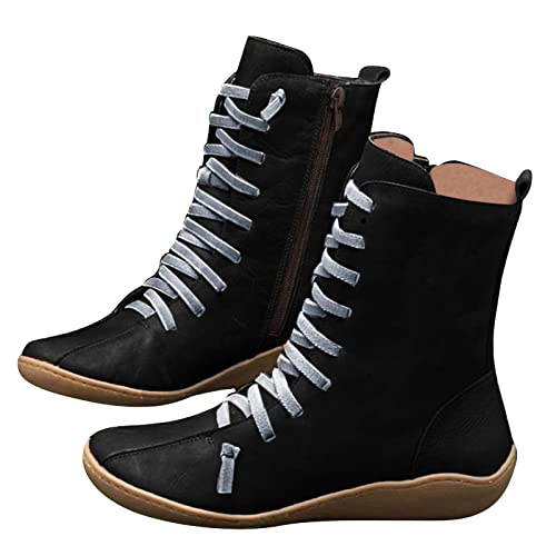 Women's Arch Support Ankle Boots Flat Heel Comfy Lace up Side Zip