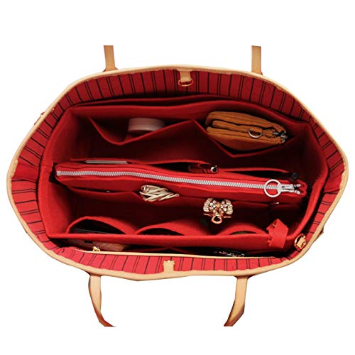 [Fits Neverfull GM/Speedy 40, Red] Felt Organizer (with Detachable Middle Zipper Bag), Bag in Bag, Wool Purse Insert, Customized Tote Organize, Cosmetic Makeup Diaper Handbag - Thumbnail 4