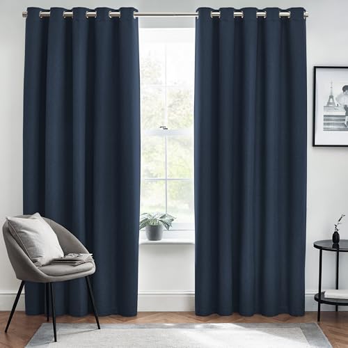 furn. Dawn Textured Blackout Eyelet Curtains – Thermal Lined Pair (Midnight - Width 229 x Drop 229cm)