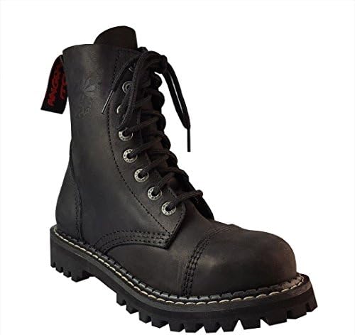 Angry Itch 8 Hole Vintage Black Leather Combat Boots Army Ranger Punk With Steel Toe Unisex