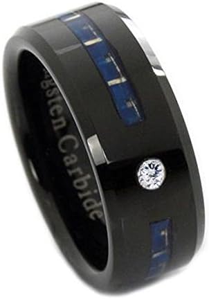 Panvisionary Men's Thin Blue Line Tungsten Carbide Ring 8mm Black Flat Bevel Blue Fiber Inlay &amp; Cz 10.5