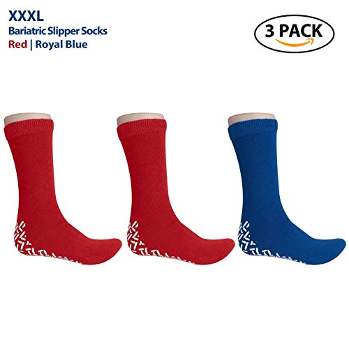 Pack of 3 Pairs - XXXL Non-Skid Bariatric Extra Wide Slipper Socks for People with Diabetes/Edema (2 Pairs of Red 1 Pair of Blue)