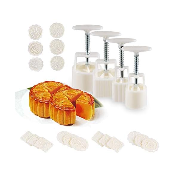 Aceshop 4 Set Mooncake Press Mold with 12 Stamps Hand Pressure Mold 50g/100g Mid-Autumn Festival Flower Moon Cake Mold Set Kitchen DIY Baking Decorating Tools Bakeware Gadget
