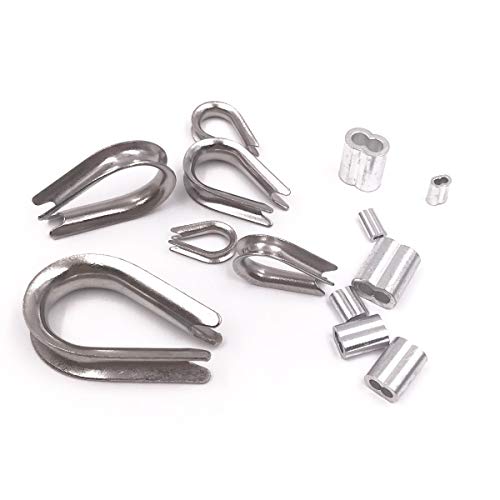 Seloky 478 Pcs M2/3/4/5/6/8 304 Stainless Steel Wire Rope Cable Thimbles and 6 Sizes Aluminum Crimping Loop Sleeve Assortment Kit
