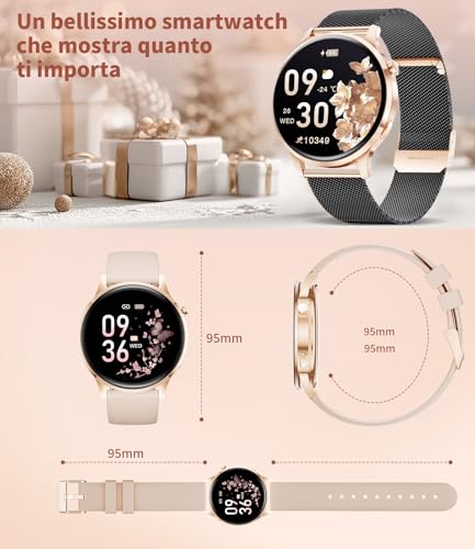 FV23-G Women's Smartwatch, AMOLED Display 1.32 Inches Ultra-Thin Bluetooth Calls, IP68 Waterproof, 116 Sport Modes, Monitoring of Cycle/Heart Rate and Sleep, 2 Straps and 2 Cables Included