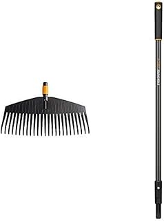 Fiskars Laubbesen, Werkzeugkopf, 25 Zinken, Breite 50 cm, Kunststoff-Zinken, Schwarz/Orange, QuikFit, 1000642 & Stiel Graphit für QuikFit Werkzeugköpfe, Länge 84 cm, Aluminium, Schwarz/Orange,QuikFit