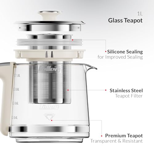 Feller Germany 2200 W 2-in-1 Retro Teamaker/Coffee Maker +1.7L Stainless Steel Electric Kettle with Strix, Adjustable Touch Teapot Temp+LED Display, TS490, 2Y Guarantee-UAE Version (Cream)