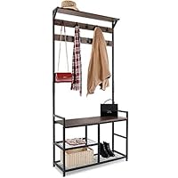 HOMEKOKO Coat Rack Shoe Bench, Hall Tree Entryway Storage Shelf, Wood Look Accent Furniture with Metal Frame, 3 in 1 Design