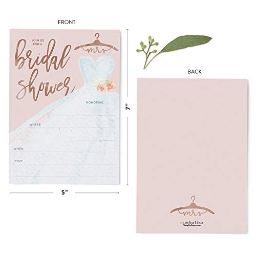 25 Bridal Shower Invitation with Envelopes, Rose Gold Modern Calligraphy and Wedding Dress Bridal Shower Invitation, Fill-in Style Invitation