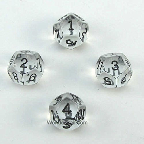WKP02759E4 Clear Transparent Dice with Black Numbers D12 16mm (5/8in) Pack of 4 Dice Koplow Games