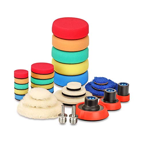 SPTA 29pcs Drill Buffing Pad Detail Polishing Pad Mix Size Kit with 5/8-11 Thread Backing pad & Adapters for Car Sanding