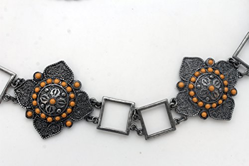 TFJ Women Ethnic Belt Hip Waist Vintage Antique Silver Metal Flower Charms S M L