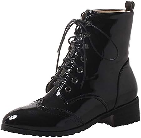 Artfaerie Women's Lace up Falt Patent Leather Ankle Boots with Faux Fur Winter Warm Booties