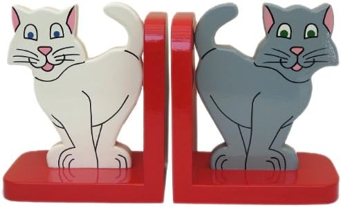 Cat on Red Wooden Bookends - Hand made in UK