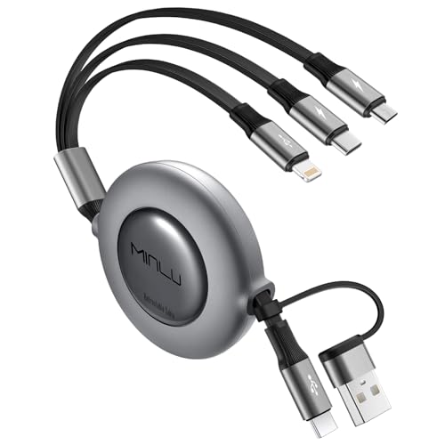 Minlu Multi Tip Charger Cable, 5 in 1 Retractable Multi USB Cable, 1.2 m Fast Charging Cable, Multi Charger Cable with Lightning Micro USB Type C for iPhone, Android, Galaxy Series, Tablet Series