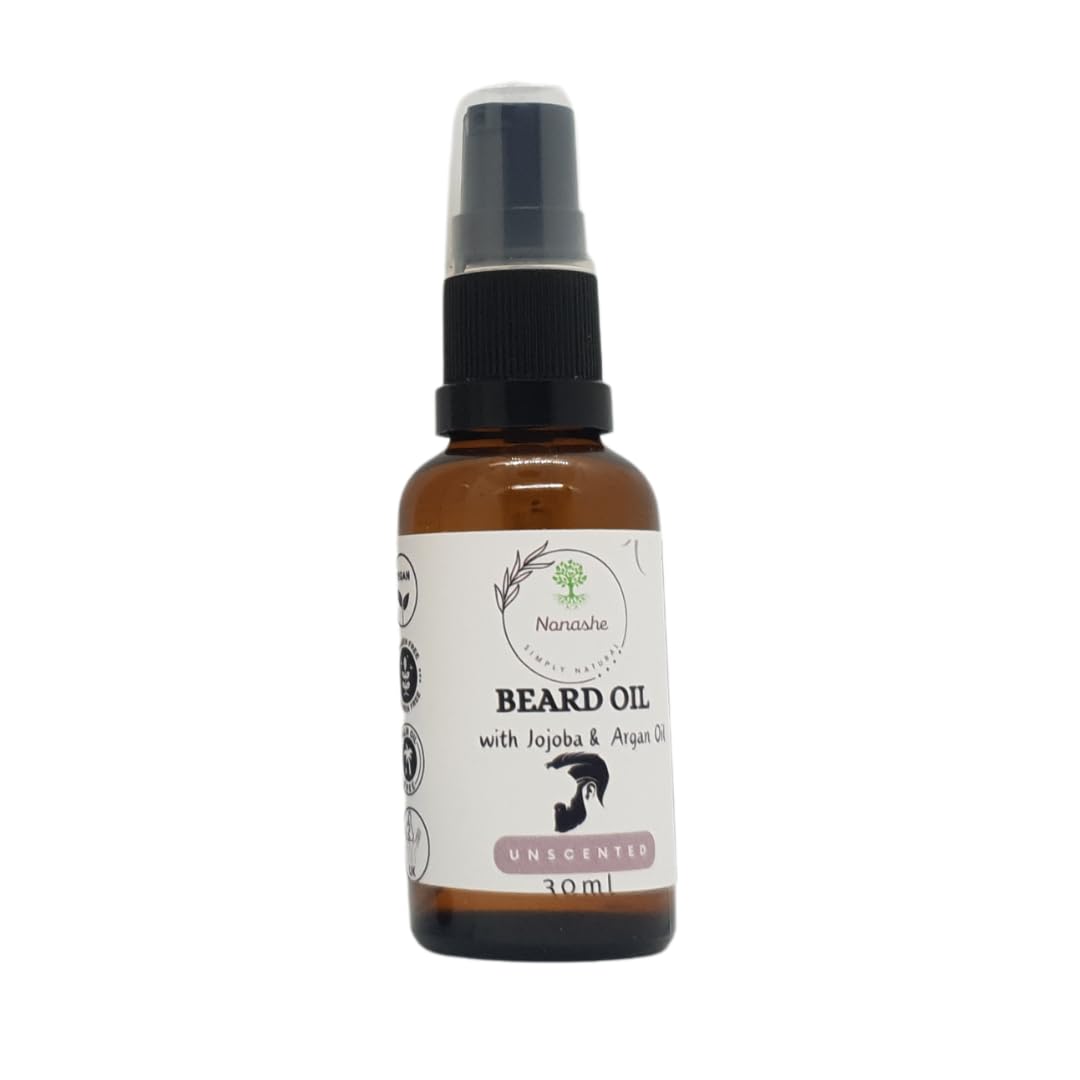 Nonashe Handmade Beard Oil - Argan & Jojoba Oils-Natural Ingredients Blend for Healthy Growth Hydrate, Moisturise, Softens & Strengthens (Unscented (Scent Free), 30ml)