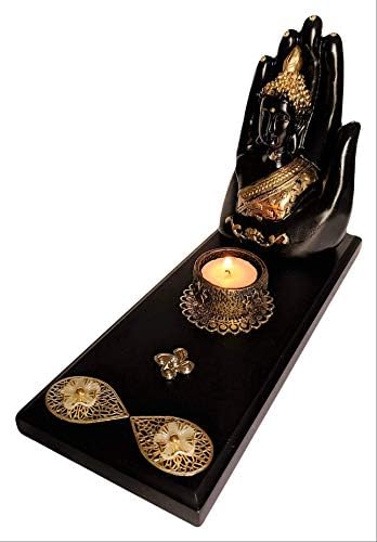 Sacred Blessings Polyresin Palm Buddha Statue on Decorated Tray with Tealight (28 cm X 11.5 cm x 19 cm, Black & Gold)