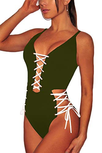 Almaree Lace Up Swimsuit for Women V Neck Criss Cross Cutout 1 Piece Swimwear Green M