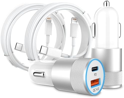 Car Charger, 2Pack 48W Car Charger Adapter with 3FT Lightning Cable, 2-Port (USB C+USB A) PD/QC 4.0 Fast Charge Cigarette Lighter USB Charger 12V USB Socket for iPhone 14/13/12/11, iPad and More