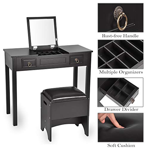 Vanity Set with Flip Top Mirror and Cushioned Storage Stool Bench Makeup Dressing Table Study Writing Desk with 2 Drawers Stool 3 Removable Organizers in Black