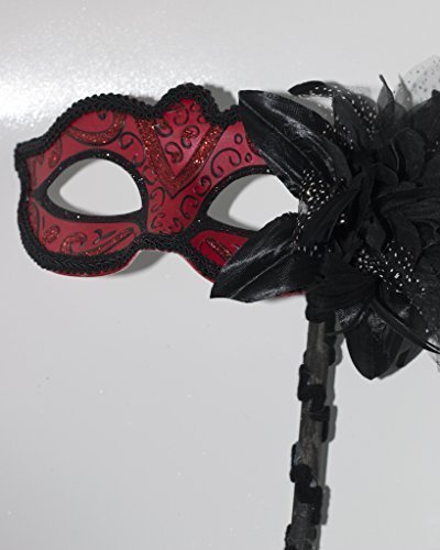 LADIES VENETIAN MASQUERADE PARTY HALLOWEEN EYE MASK WITH FLOWER ON A STICK BLACK & RED