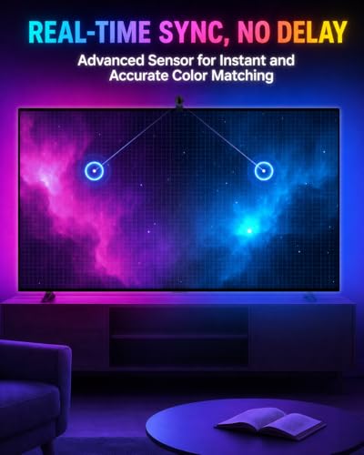 QTU TV LED Backlight with Sensor, LED Sync Lights for TV 55-65 Inch, Smart Camera Sync to Screen, Ambient RGB Strip Lights for Gaming & Home Theater, App Control (14.7ft)