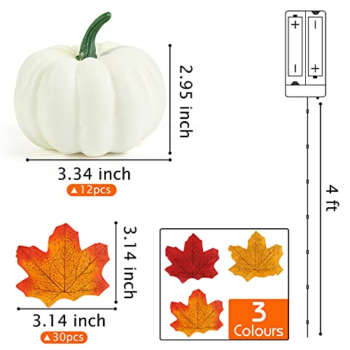 HiPatio Artificial Pumpkins Decoration,12 Pcs Harvest Fall White Pumpkins Fake Foam Pumpkins with 30 Pcs Maple Leaves 1PC String Lights for Autumn Decor Wedding Halloween Thanksgiving Party Decor