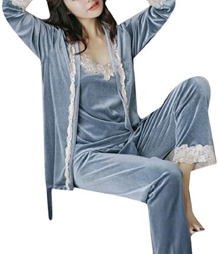 Yayu Women's 3 Piece Pajama Set Velvet Kimono Robe Lace Sleepwear Cami and Pants