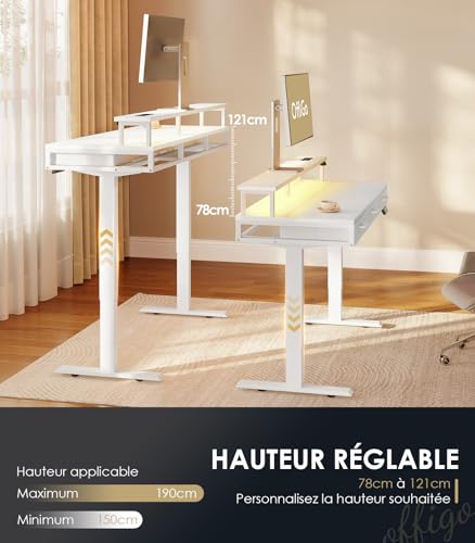 OffiGo Standing Desk with 3 Drawers, 120 cm Electric Desk with Monitor Stand, Standing Desk with Charger and LED Light, Table for Work, White