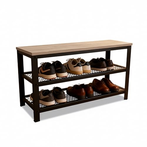 Relaxdays Panca porta scarpe, 6 paia, HxLxP 45 x 73 x 30 cm, 2 ripiani griglia, panca effetto legno, marrone chiaro/nero