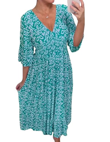 JUUCWOUT BOHEMIAN CASUAL PRINT V-NECK SHIRRED WAIST LONG DRESS, FLORAL WRAP 3/4 SLEEVE DRESS FOR WOMEN BLUE