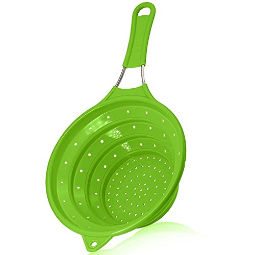 Collapsible Silicone Colander Foldable Strainer Kitchen Food Strainer with Stainless Steel Handle 100% BPA Free and Food Grade Silicone,Best for Rinsing or Draining Vegetables and Fruits-Green