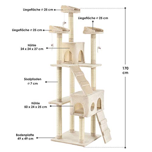 Juskys XXL Kratzbaum Amy - Katzenbaum mit Höhlen, Liegeflächen, Leitern & Sisal-Stämmen - Stabiler Kletterbaum für Katzen 170 cm hoch - Beige – Bild 3