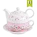 MALACASA Tea for One Set, Teapot 11 Ounce and Cup 8.4 Ounce and 6 inch Saucers, Porcelain Teapot and Cup Set, Tea Pot with Lid, Pink - Series Sweet Time